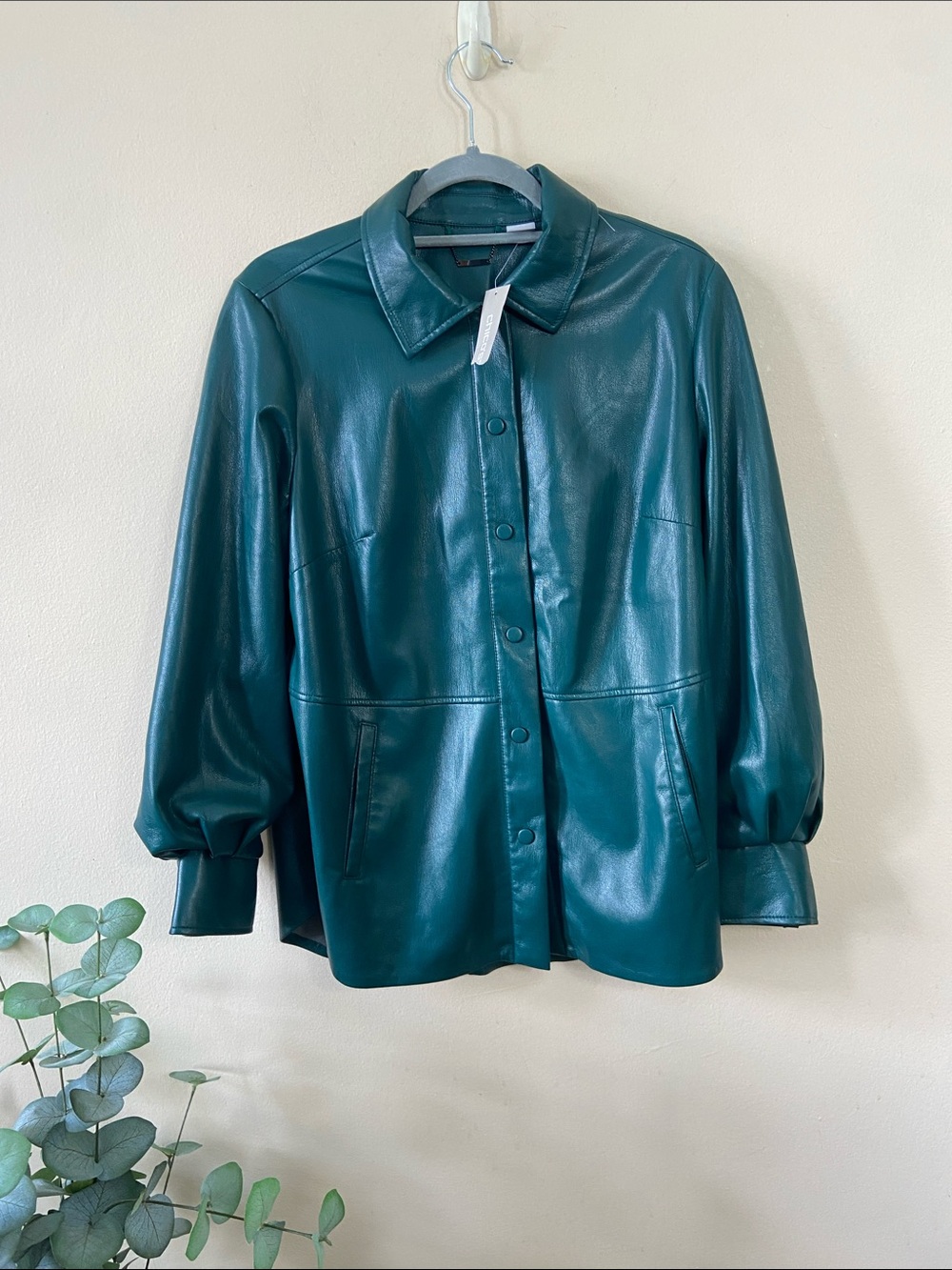 Chico's NWT Teal Faux Leather Shirt Jacket Size 1 Button Front Lined Shacket